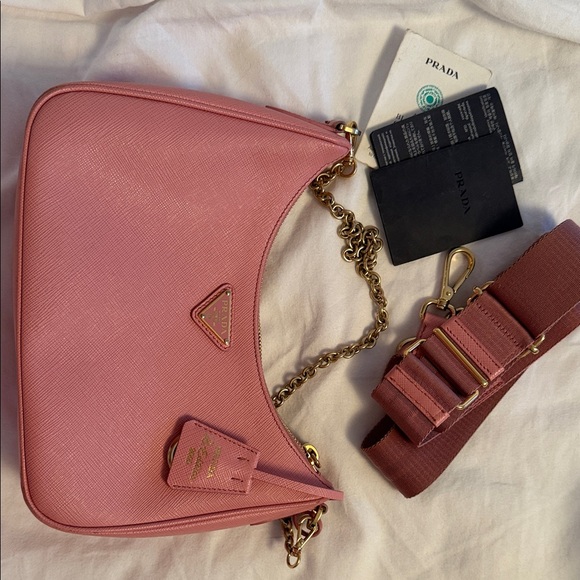 Prada Pink Saffiano Leather Shoulder Bag with Gold Chain Detail - Picture 2 of 14